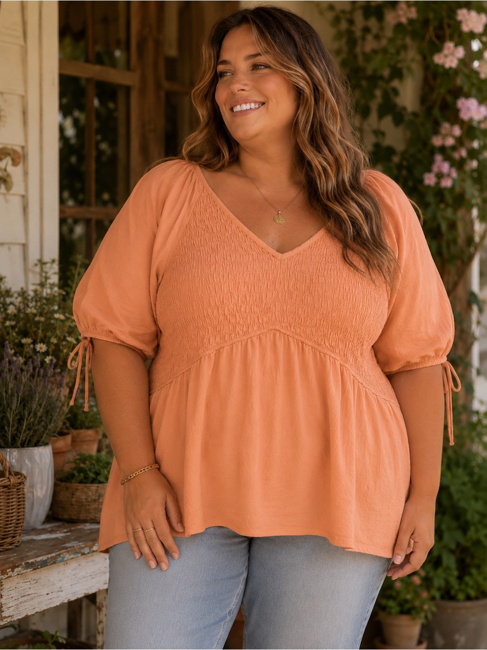 Oddi Smocked Blouse Women’s Plus Size 3X Longer Babydoll Pink Tie Sleeves V-neck